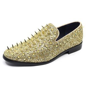 Gold Men's Spiked Designer Classic Smoking Dress Tuxedo Loafers Slip On Shoes